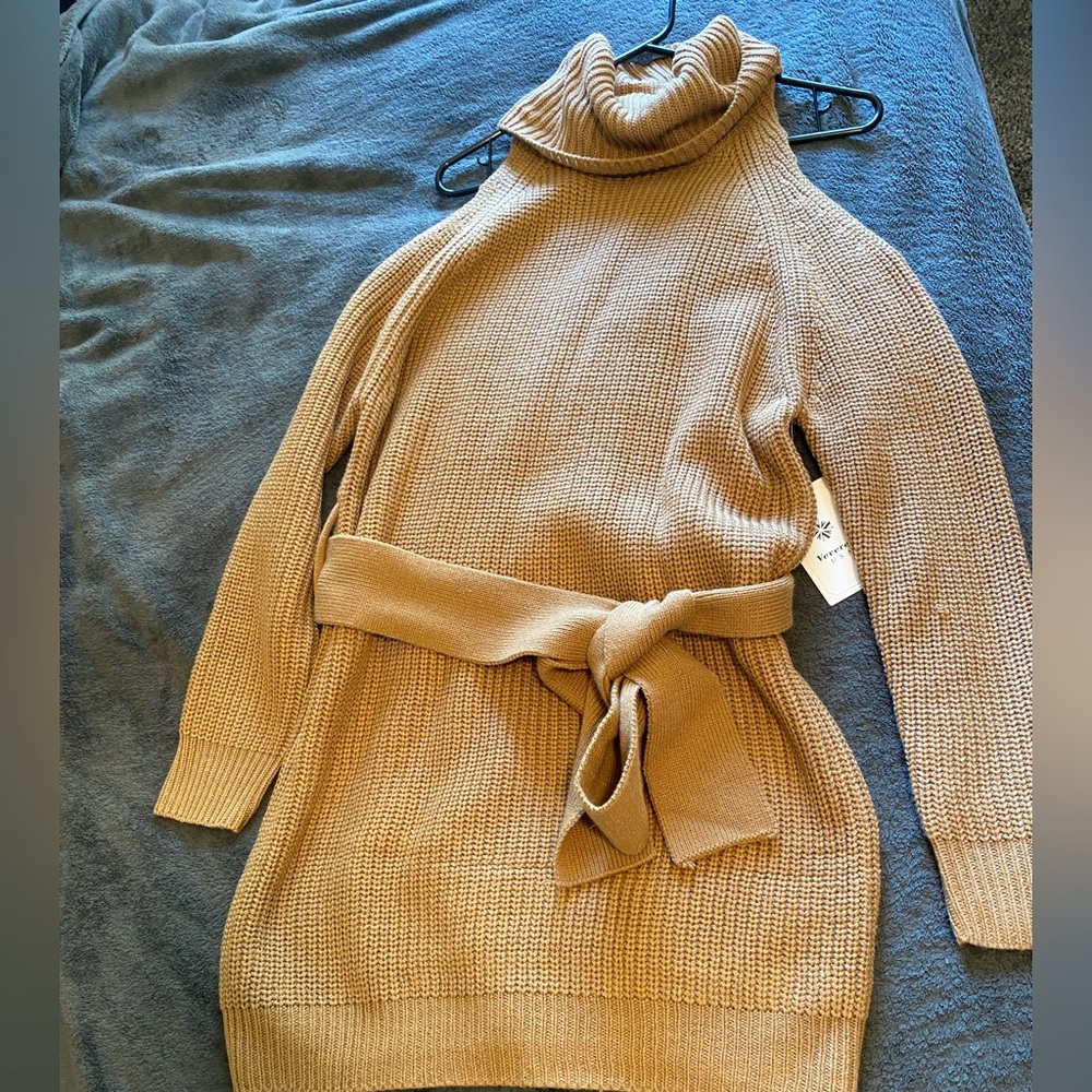 Cozy Tan Turtleneck Sweater Dress